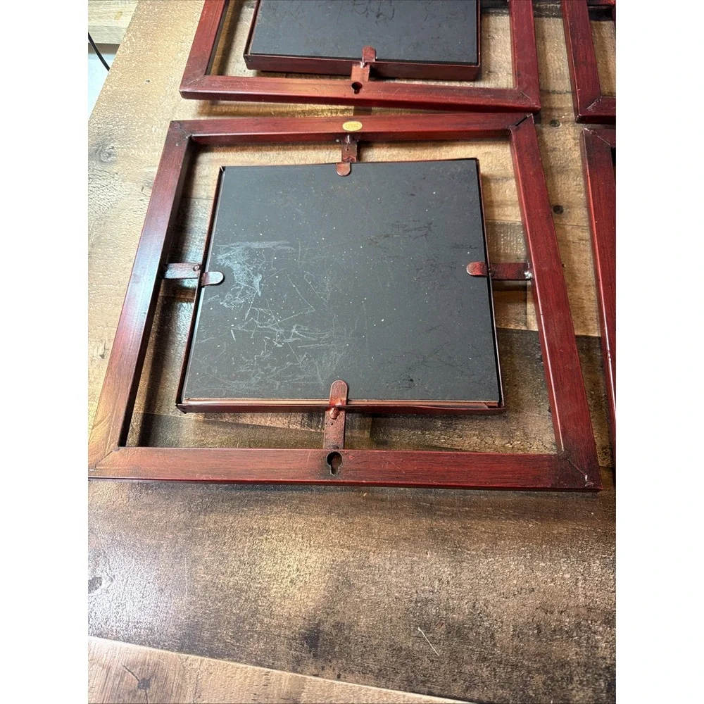 Set of 4 Vintage Gothic Wall Mirrors Red Metal Geometric Jeweled Window Panels